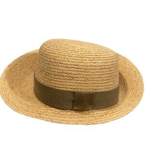 L.L. Bean Womens Straw Hat Natural Woven Fedora Olive Band asymmetrical brim